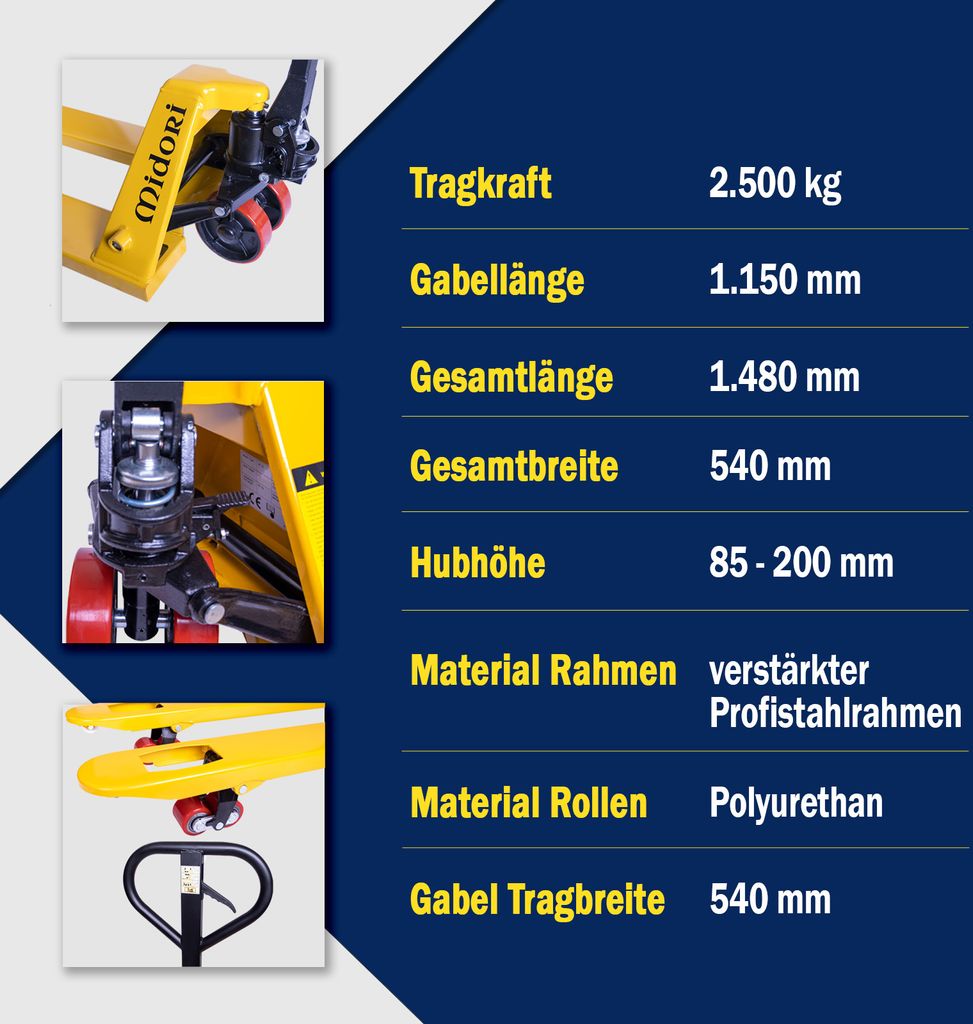Handhubwagen 3000kg Gabelhubwagen Hubwagen Palettenwagen PU Tandem Hartgummi NEU