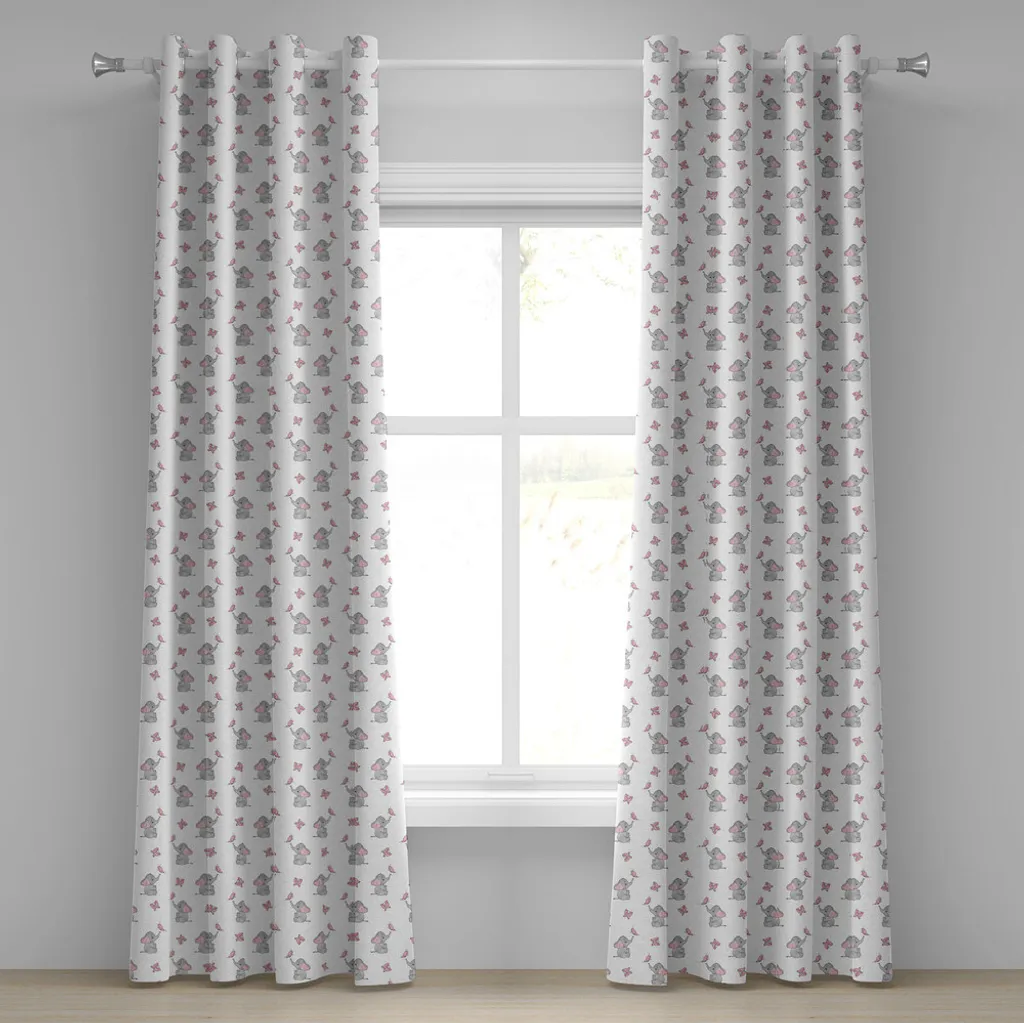 ABAKUHAUS Tenda con occhielli Elephant Nursery, elefantini che giocano con un grazioso motivo a farfalle, tende decorative a 2 pannelli, 280 cm x 175 cm, grigio rosa pallido bianco