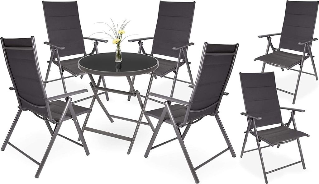 BRUBAKER Garten Sitzgruppe Riva - 1 Glastisch Klapptisch rund 70 cm Ø mit 6 Hochlehner Stühlen - Wetterfest - Silbergrau
