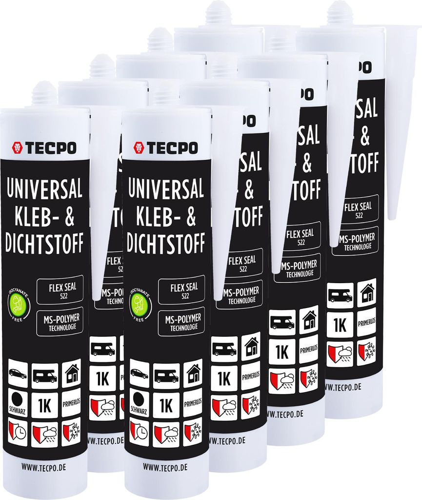 TECPO Universal Kleb- und Dichtstoff SMP Hybrid, 8x 480g Schwarz Flex Seal 522 elastisch, silikonfrei, lösemittelfrei- KFZ Bau Industrie Innen und...