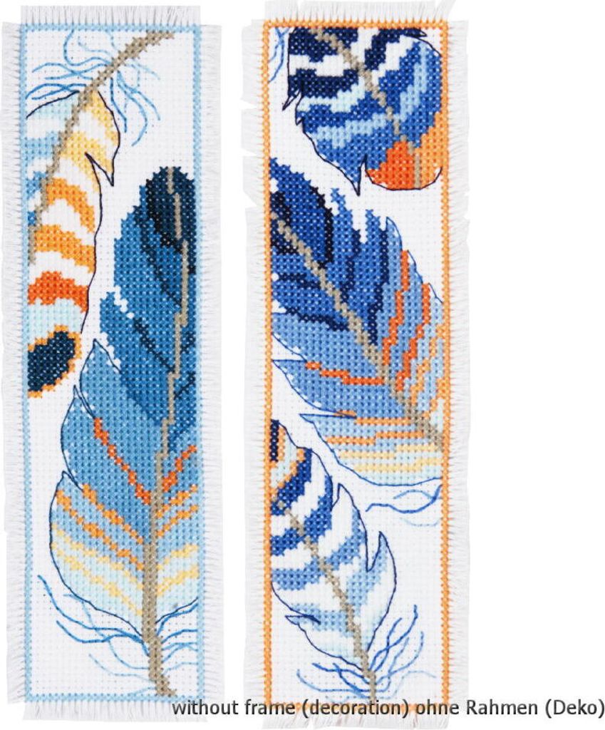 Vervaco Lesezeichen Stickpackung "Blaue Federn" 2er Set, Zählmuster