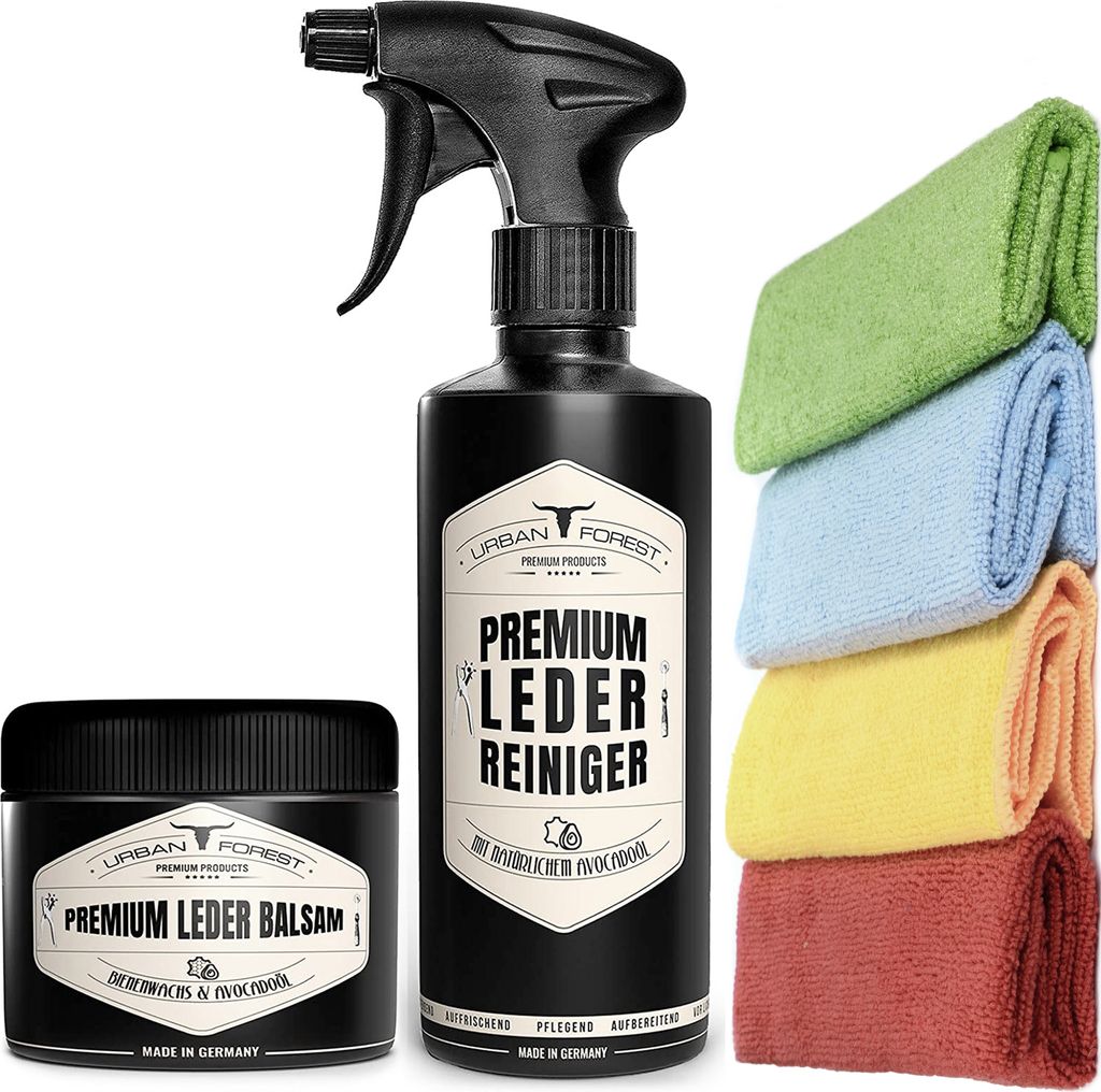 Sparset Lederpflege Lederreiniger 500ml + Leder Balsam 250ml + 4 Mikrofasertücher, Pflegemittel, Ledersitze, Lederbalsam für die Autopflege