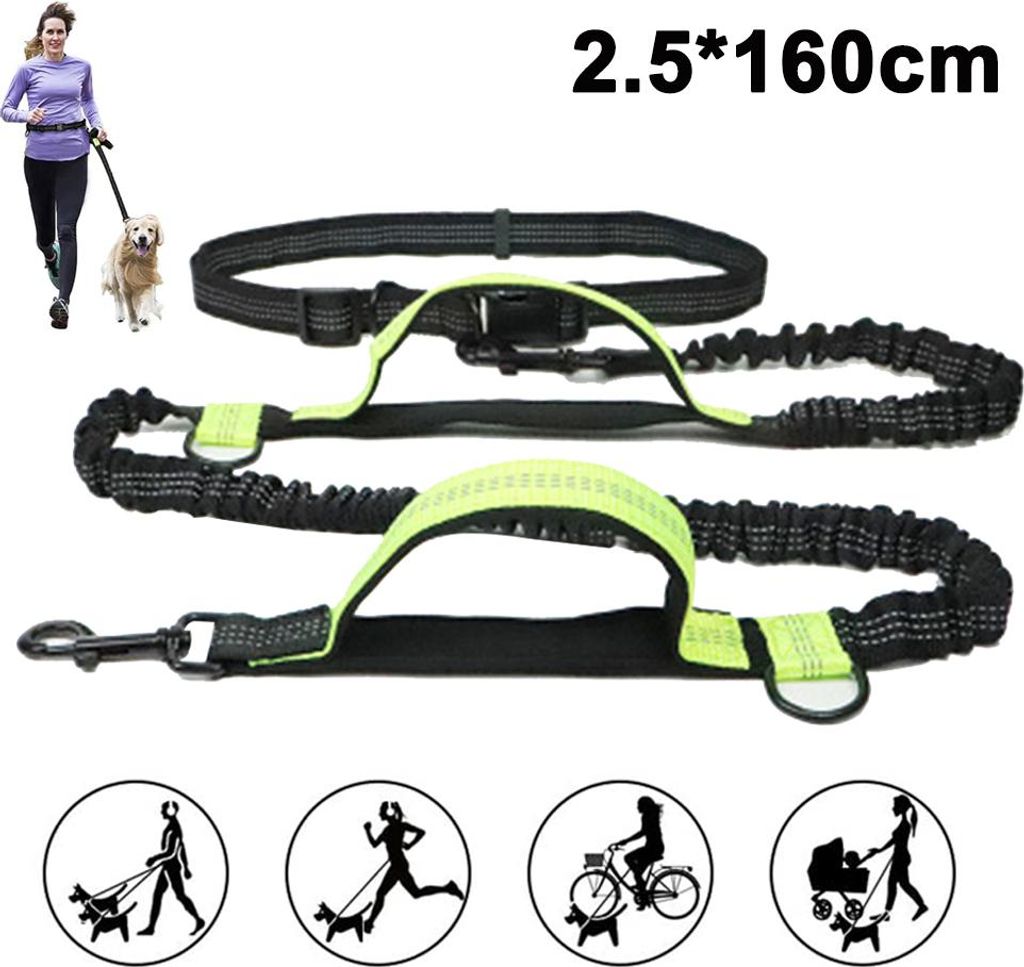 Hundeleine, verbesserte freihändige Hundeleine mit zwei Bungee-Seilen, lange Nylon-Hundeleine mit verstellbarem Hüftgurt zum Laufen