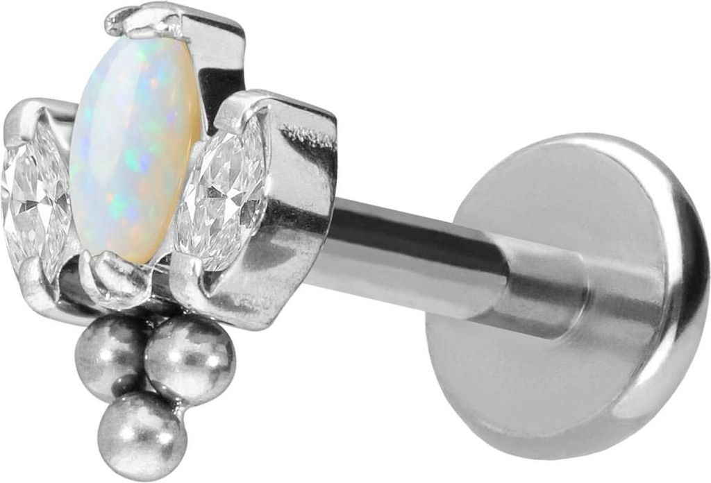 Ohrpiercing, Nasenpiercing Titan Labret mit Push Fit LOTUSBLÜTE + 3 KUGELN Silber Stablänge: 10mm | Stabstärke: 1mm