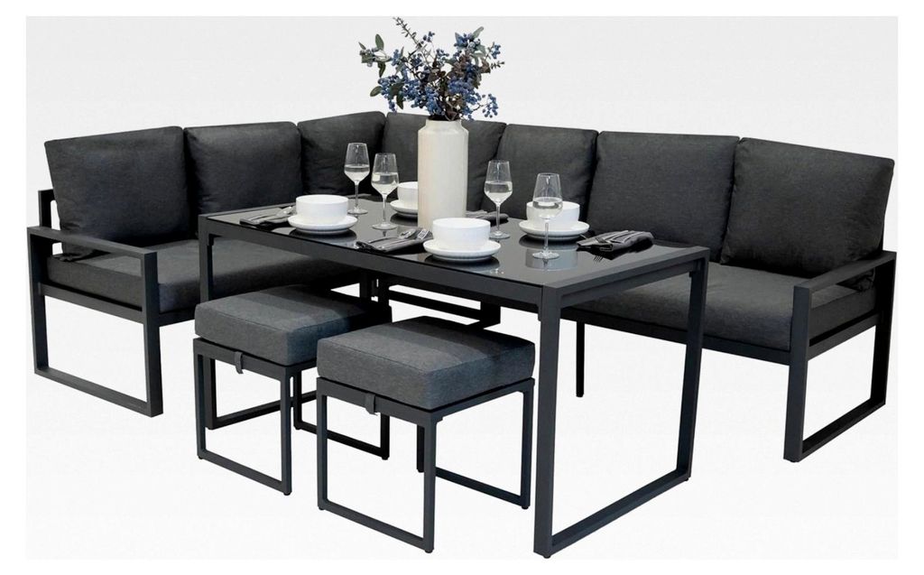 Gartenmöbelset aus Aluminium in Anthrazitgrau, 7-Sitzer für die Terrasse, Lounge-Ecksofa mit Glasplatte, 2 Hocker, dicke Polster mit abnehmbaren ...