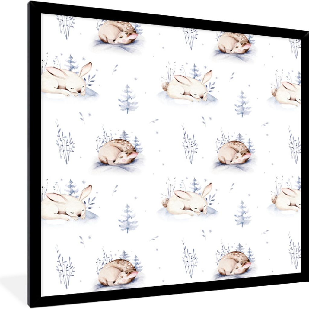 MuchoWow Gerahmtes Poster Winter - Kaninchen - Hirsche 40x40 cm - Poster mit Schwarzem Bilderrahmen Wandposter Rahmen Foto Bilder - Mit Rahmen - ...