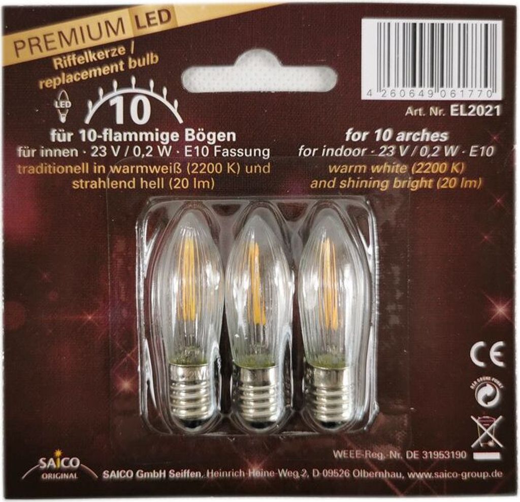 Ersatzbirne Premium LED-Ersatzlampe/ Riffelkerzefür 10-flammige Lichterbögen, traditionell in warmweiß (2.200K) und strahlend hell (20lm), Filam...