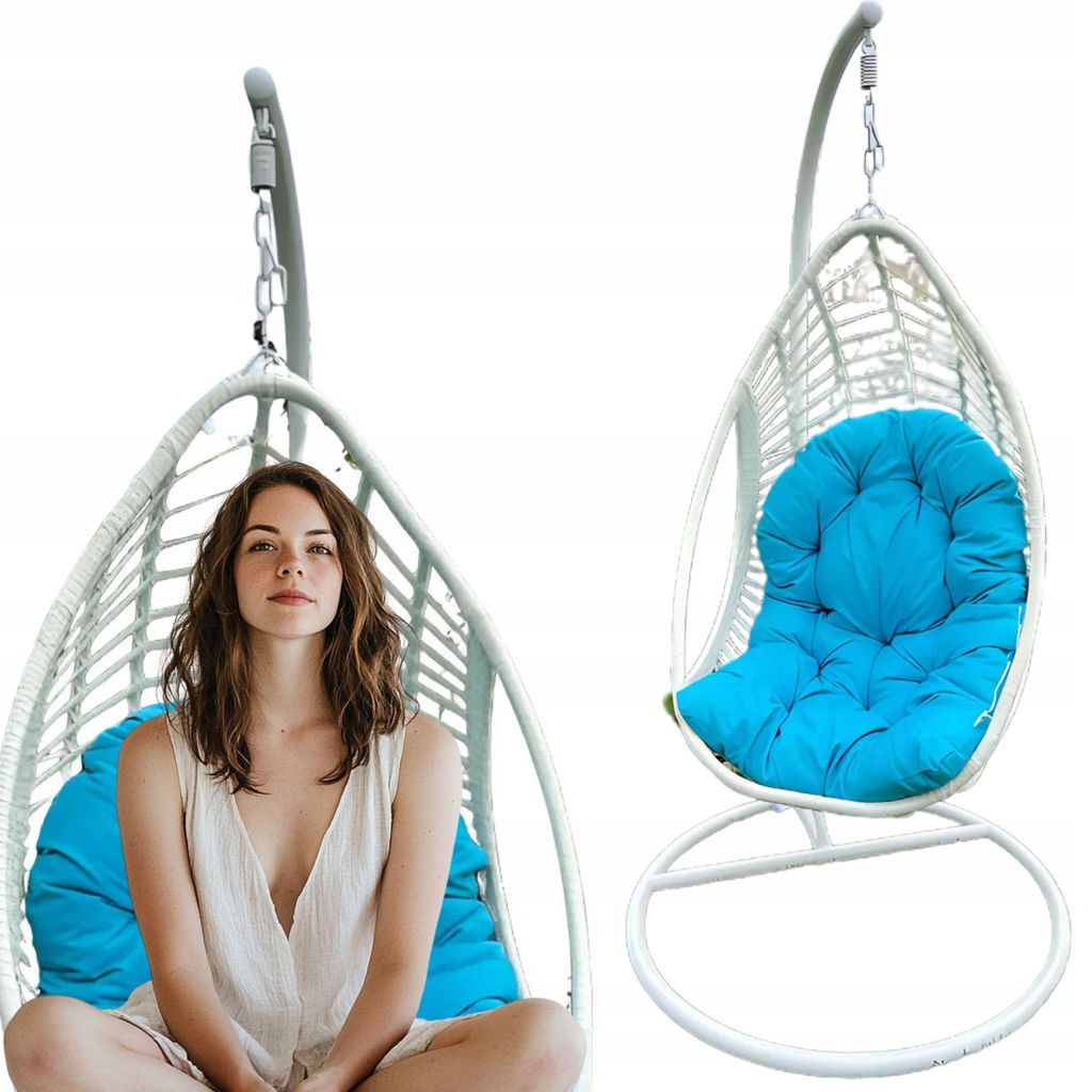 BELLISSIMO | Hängesessel - Hängekorb - Weiß mit blauer Polsterung - und Wetterfest - Egg Schaukel ideal für Garten, Terasse