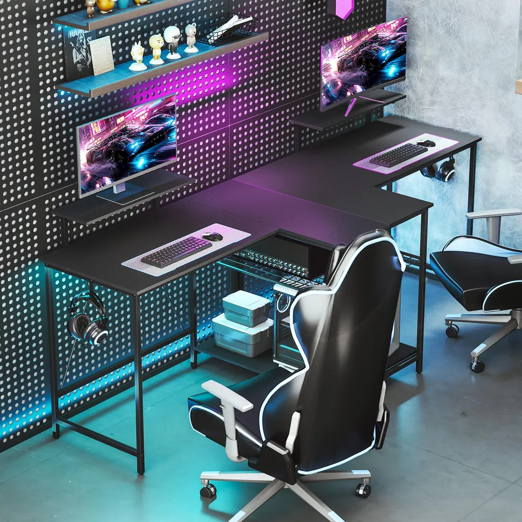 Bureau de jeu réversible avec support écran et étagère maille noir - 8