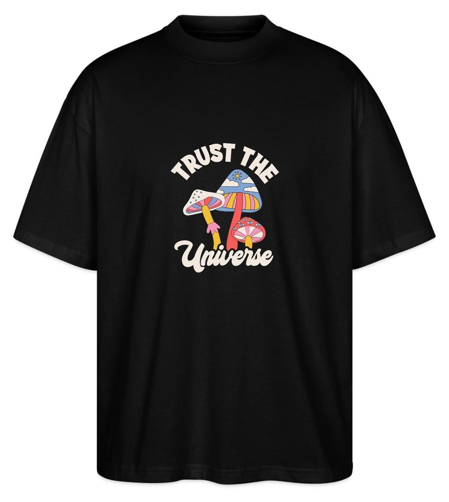 Spreadshirt Trust The Universe Buntes Retro Pilz Motiv Oversize Uni T-Shirt, XXL, Schwarz