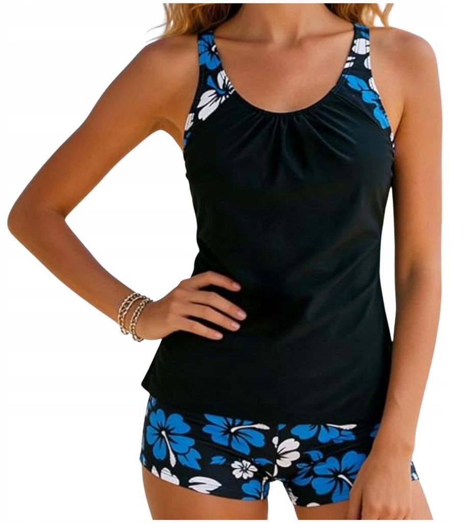 Tankini Damen Bauchweg - Zweiteiler mit Shorts - Blumenmuster - Schwarz und Blau - XL 42