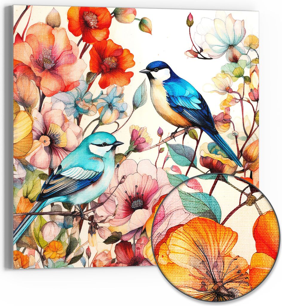 DEQOART Hybrid Leinwand Bild 30x30 cm 'Blütenvögelzauber' Wandbild Glas flach modern