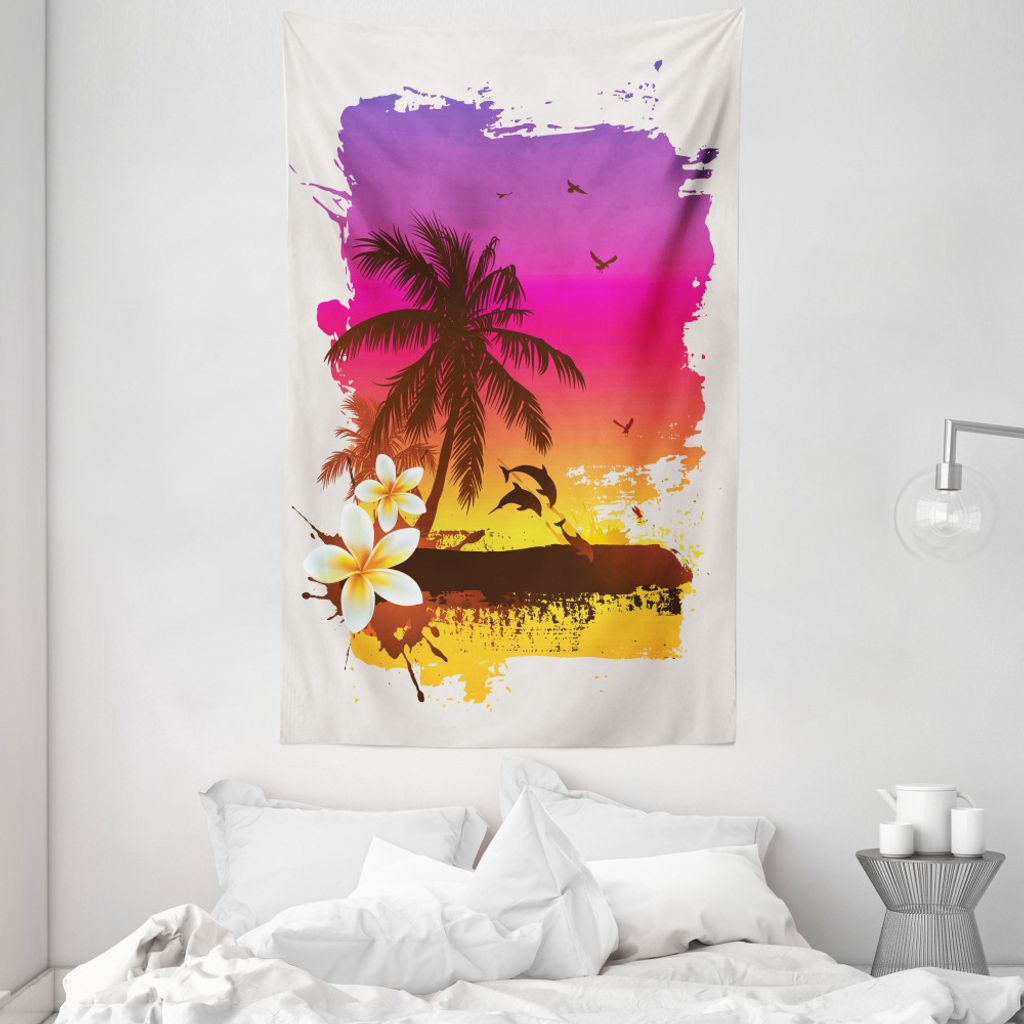 ABAKUHAUS Luau Wandteppich und Tagesdecke, Tropical Beach Sunset aus Weiches Mikrofaser Stoff Waschbar ohne Verblassen Digitaldruck, 140 x 230 cm, ...