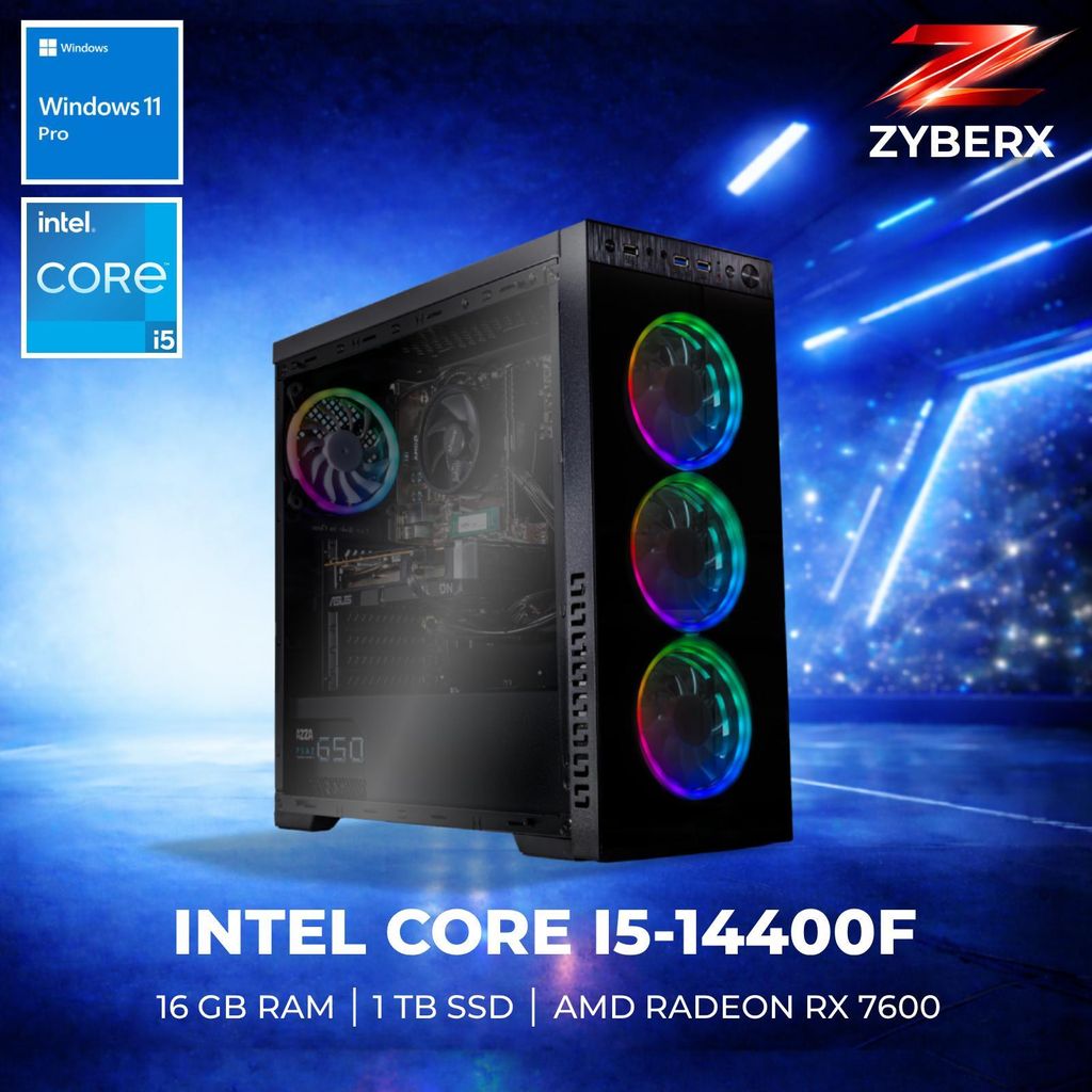 Zyberx - Gaming PC mit Intel Core i5 i5-14400F Prozessor, AMD Radeon RX 7600 , 16 GB RAM, 1 TB SSD, Windows 11 | Schwarz