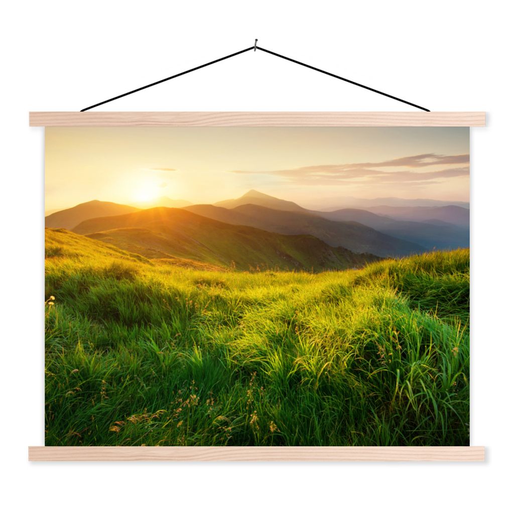 MuchoWow Textilposter Gras - Hügel - Sonne - Natur - Landschaft 40x30 cm mit holzfarbenen Rahmen - Bilder