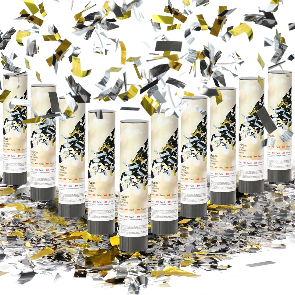 com-four 10x Shooter Party Popper-Set 20cm, Konfetti-Kanone zum Drehen für Silvester, Partys, Geburtstage, Konfetti Bombe mit toller Effekthöhe