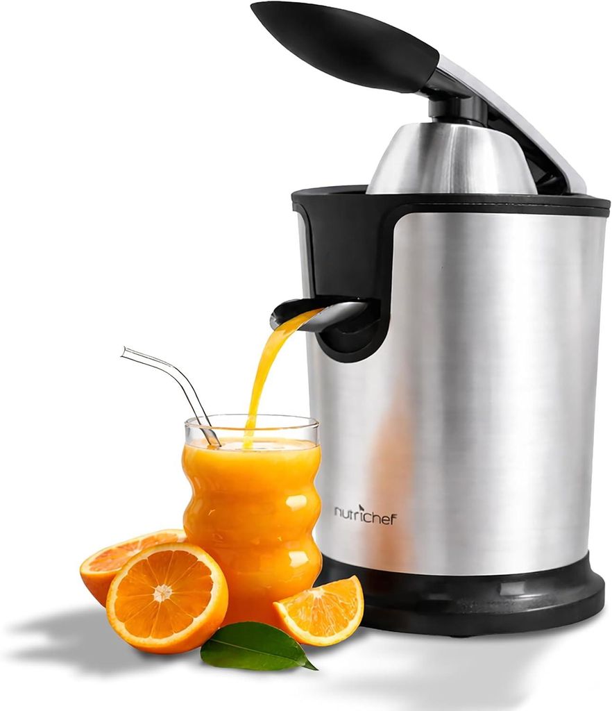 NutriChef Elektrische Zitruspresse, 160 W Orangenpresse aus Edelstahl mit Hebelarm – Leistungsstarke Saftpresse