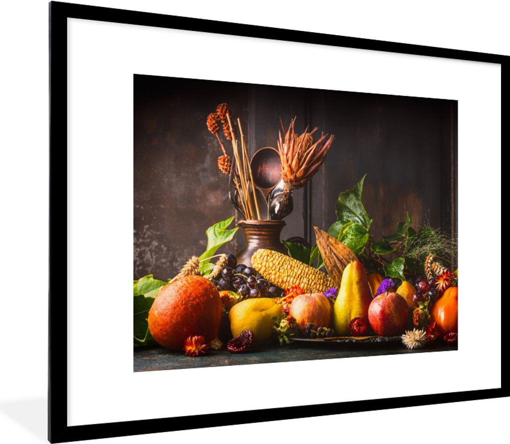 MuchoWow Gerahmtes Poster Gemüse - Obst - Rustikal - Tisch 80x60 cm - Poster mit Schwarzem Bilderrahmen Wandposter Rahmen Foto Bilder - Schlafzi...