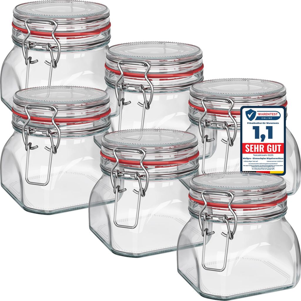 WELLGRO Einmachgläser mit Bügelverschluss eckig 550ml - Gläser