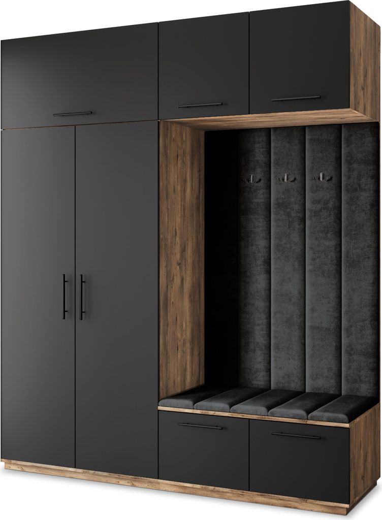 Masseno Garderobe-Set REMA 200/240/60 cm Modern Garderobenschrank Eiche Lefkas, Veloursstoff MONOLITH 95 (Schwarz)