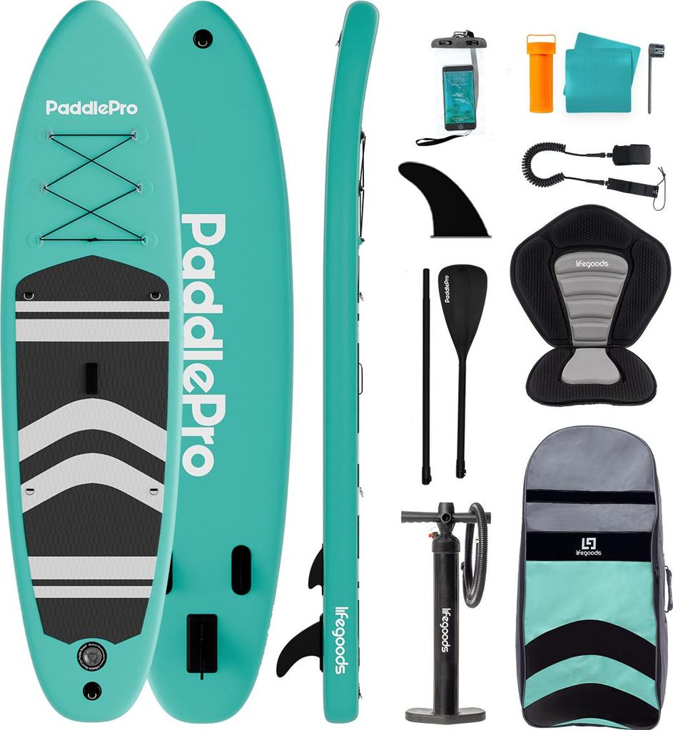 LifeGoods PaddlePro SUP Board - Mit Sitz - Aufblasbares Paddle Board - Komplettes Set - Max. 150 KG - 320x81 cm - Mintgrün/Schwarz