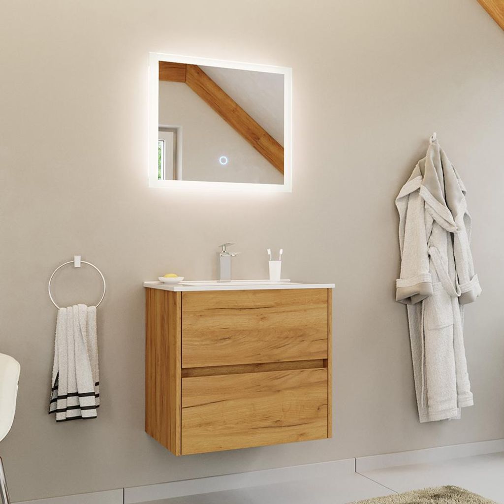 Badmöbel-Set 2-teilig mit 60 cm Waschtisch und Spiegel mit LED-Beleuchtung in Eiche - LIVIGNO-02