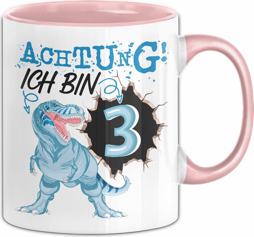 3. Geburtstag Geschenk Tasse Becher Jungs Sohn T-Rex Geburtstagsgeschenk Dinosaurier Achtung Ich bin 3 (Rosa)