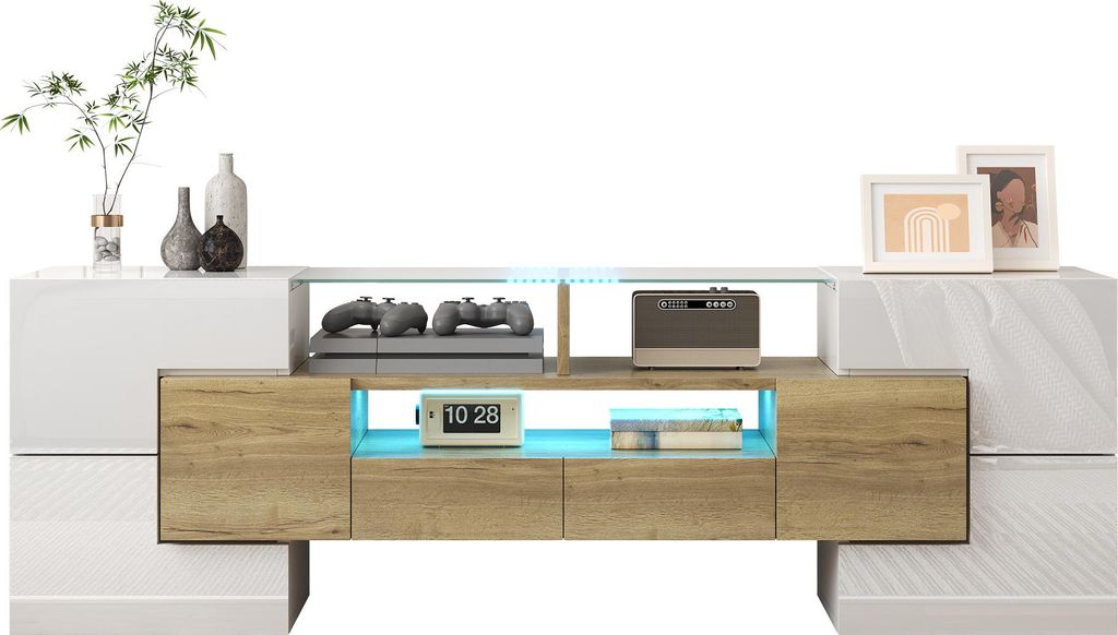 Sweiko Stilvoller TV-Schrank, Lowboard. hochglänzendes Weiß, 145 cm, LED-Beleuchtung, Wohnzimmermöbel. modernes Design. elegante Glasoberfläche.