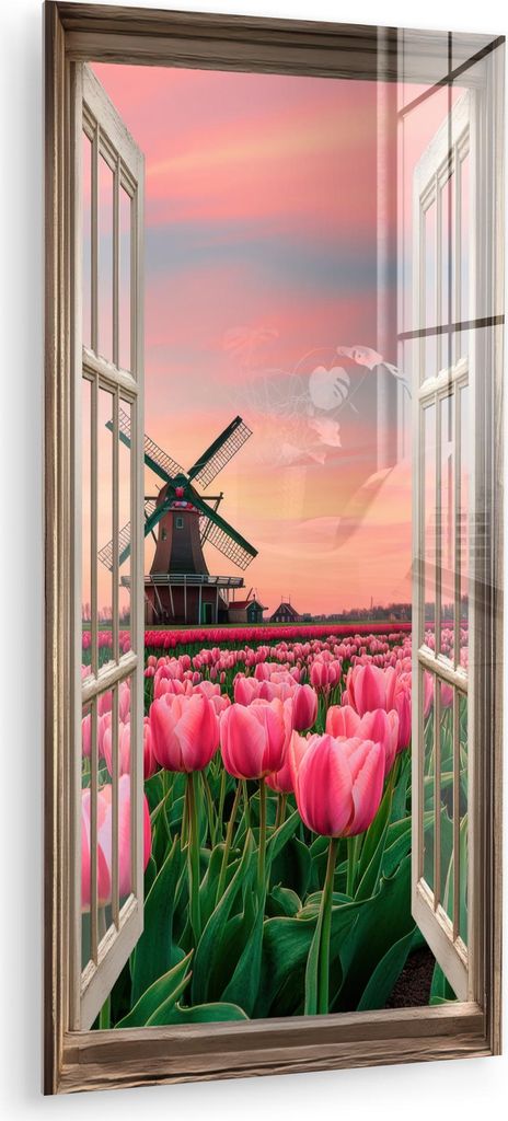 MuchoWow Glasbilder - Bilder auf Wandbild - Foto auf Glas Ausblick - Tulpen - Blumen - Mühle - Fenster 40x80 cm Wanddekoration aus Glas - Acrylgla...