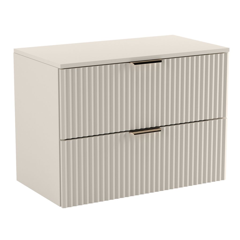 A light-colored, modern two-drawer vanity cabinet with ribbed fronts and metal handles, presented against a white background.