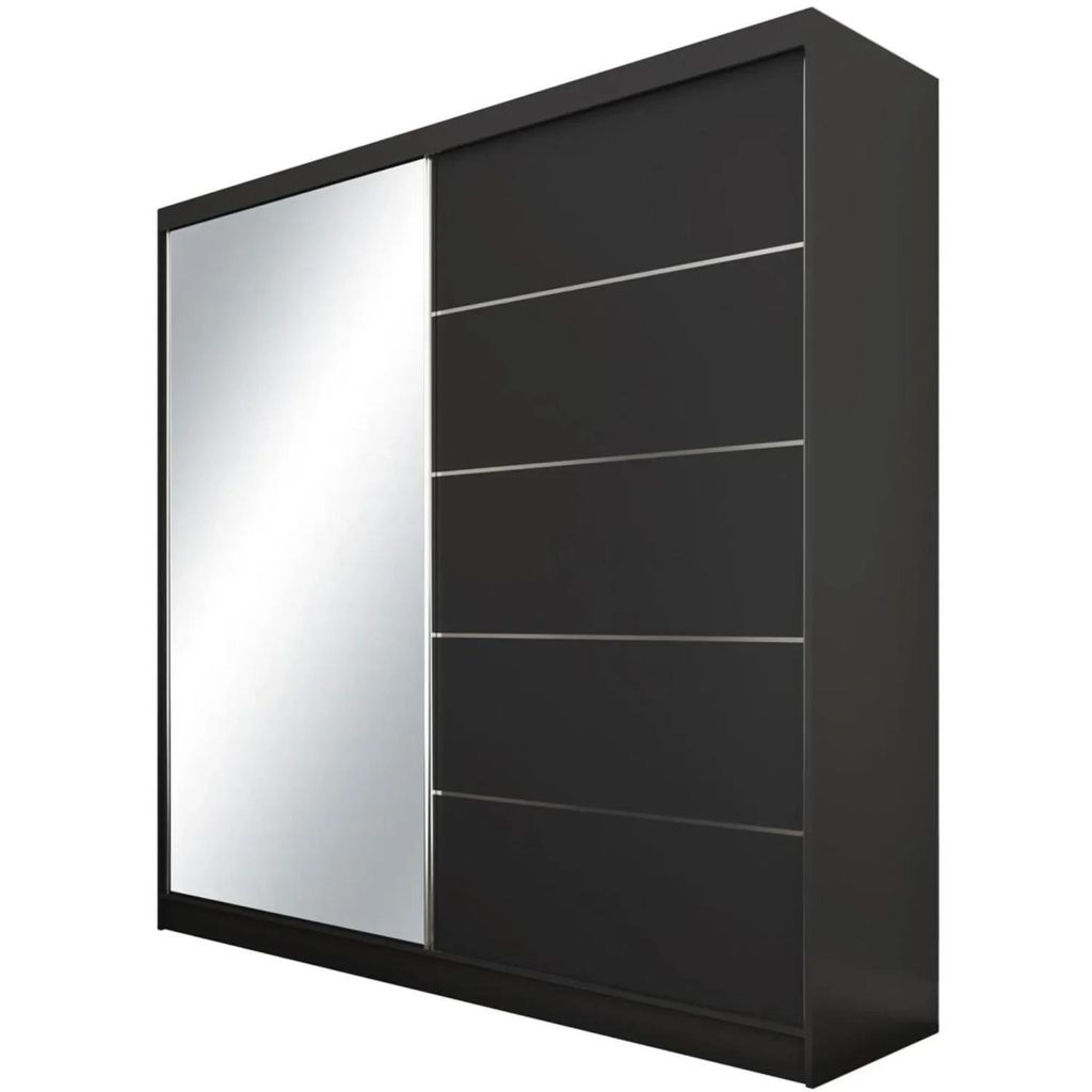A black wardrobe with a mirrored door and silver accents, shown from a three-quarter angle against a white background.