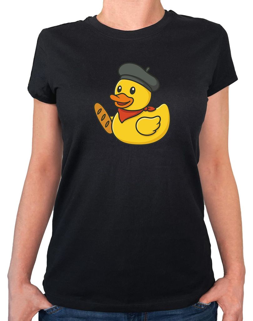 Huuraa Damen T-Shirt Quietscheente Frankreich Gummiente Franzose XXL Black Bio Baumwolle Fairtrade Damenshirt Geschenkidee