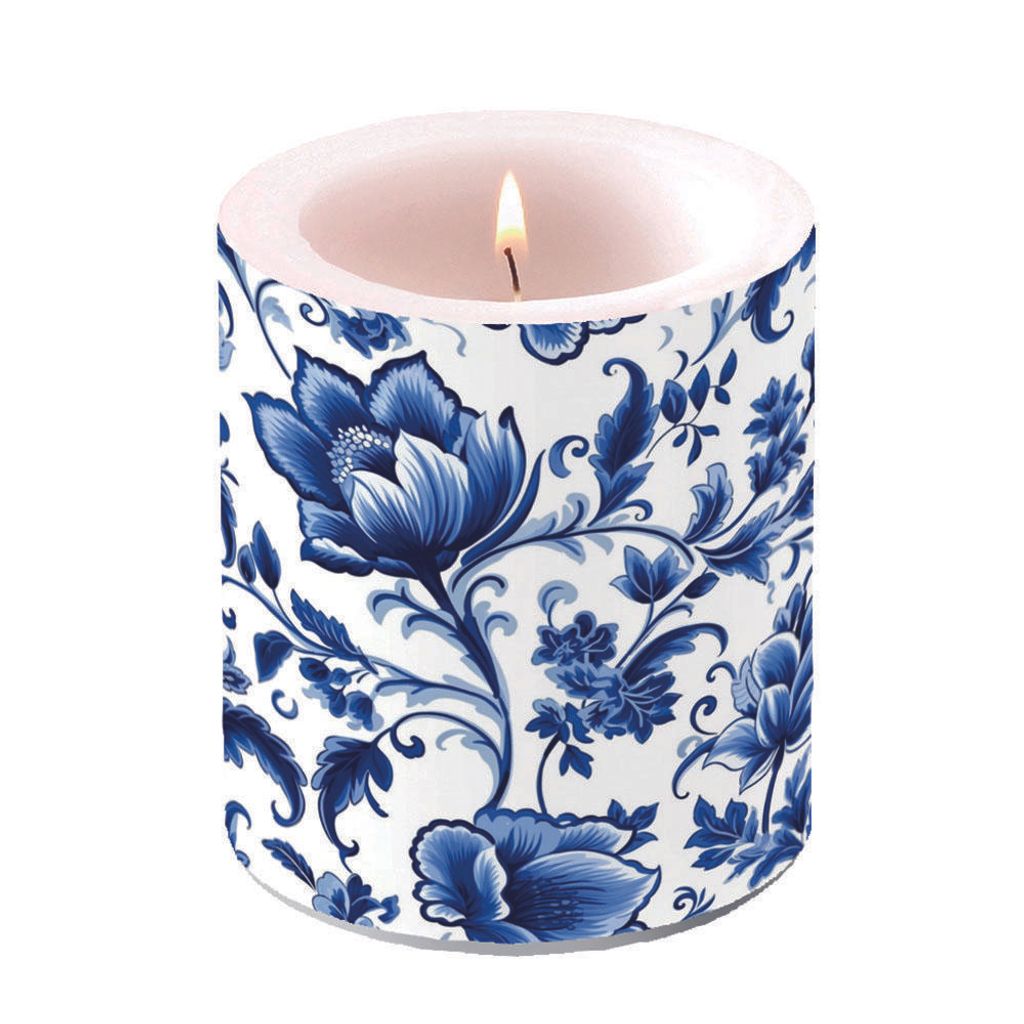 Kerze Ø 10cm Höhe 10 cm Delfter Muster blau-weiß Floral
