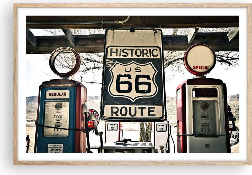 Gerahmtes Poster - Rahmen in heller Eiche - Straße alt 66 USA - 91,5x61 cm - Wand Bild - Wanddeko - Wandbilder - Wandposter - Bilderrahmen - Bilde...