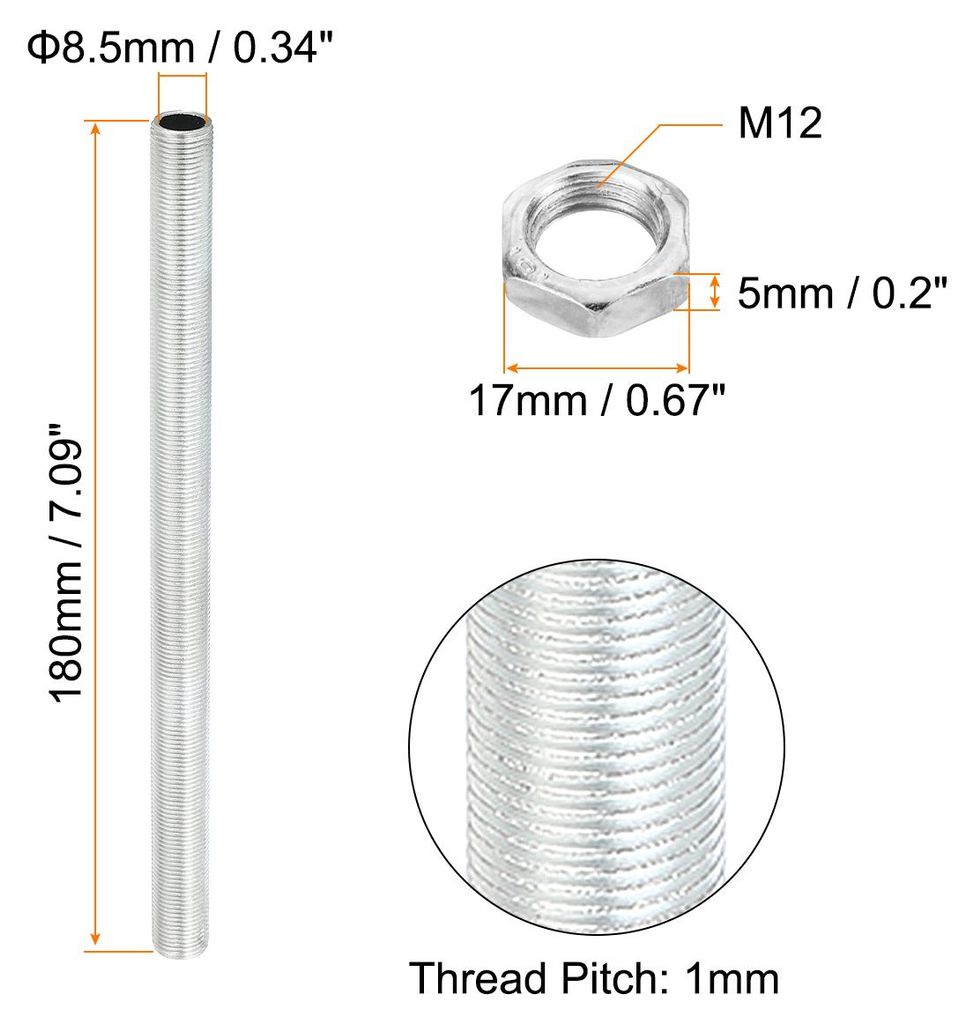 M12 Gewinde 7.09" Lampe Leitung Kit mit Schloss Muttern 3 Set Alle Gewindest?be Verschlš¹sse Hardware fš¹r Kronleuchter Deckenlicht DIY Verzinkung
