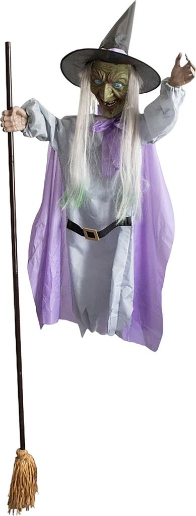6 FT Halloween Flying Witch Decor Animierte schwebende Hexe mit gruseligem Sound und leuchtenden Augen für die Dekoration von Garten, Hof und Rase...