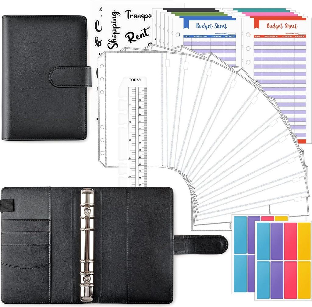 Budgetplaner Mappen - 12 Umschläge - Schwarz - Kunstleder