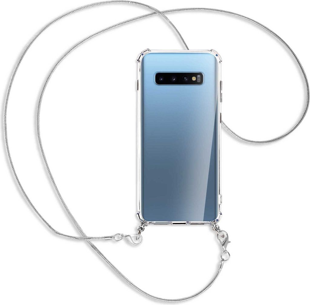 Handykette Backcover-Schutzhülle mit Band (Metall silberfarben) für Samsung Galaxy S10+ / S10 Plus - silberfarbene Kette Snake