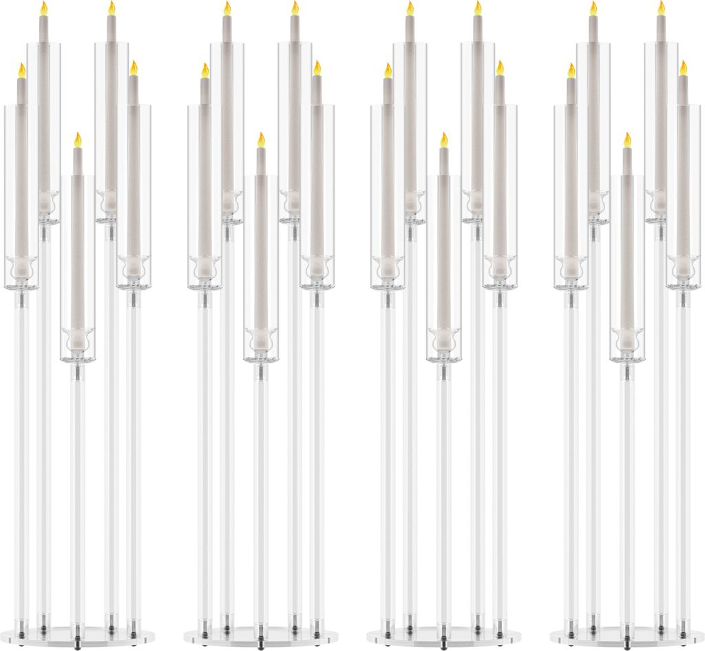 4-teilige Kandelaber-Mittelstücke, hohe Kandelaber, durchsichtiger Kerzenständer mit Kegel, 5-armiger Kerzenständer mit Acrylschirm, LED-Kerze f...