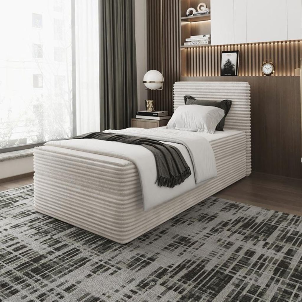 Bett Boxspringbett SENO MINI Topper Visco mit Bettkästen - Doppelbett, Stauraum, Schlafzimmer, Polsterbett 90x200, Creme -Tilia 03
