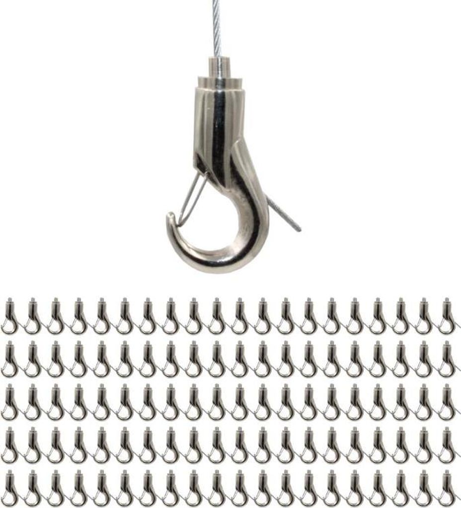 100x Drahtseilhalter / Gripper 20, Haken mit Aushängesicherung, für Drahtseil Ø 1,5 -2,0 mm | vernickelt