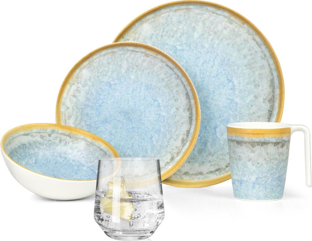 Melamin Camping Geschirr Set 4 Personen Crystal Blue + 4 Milano Gläser Wassergläser Tafelgeschirr Picknick BBQ Kochgeschirr