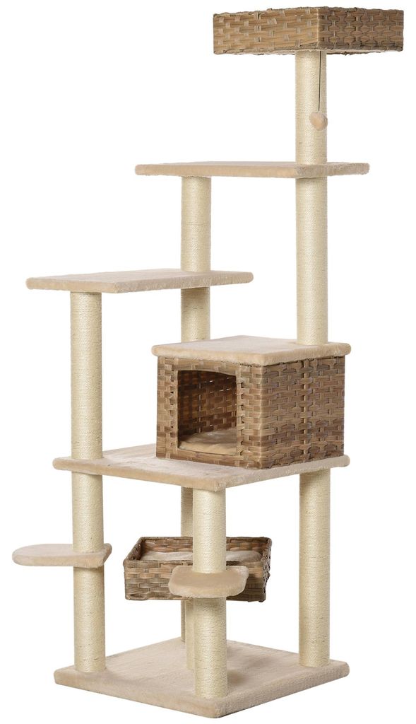 Pawhut Kraboom voor katten met kattenhol, van riet, Productafbeelding 