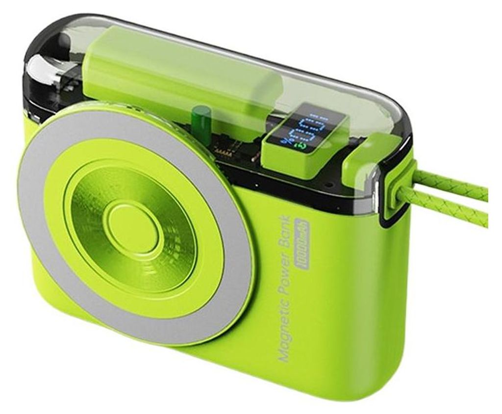 3-in-1 Magnetische Powerbank 10000mAh PD20W mit LED-Display & integrierten iP/Type-C Kabeln – Schnellladegerät mit 4 Ausgängen, Grün