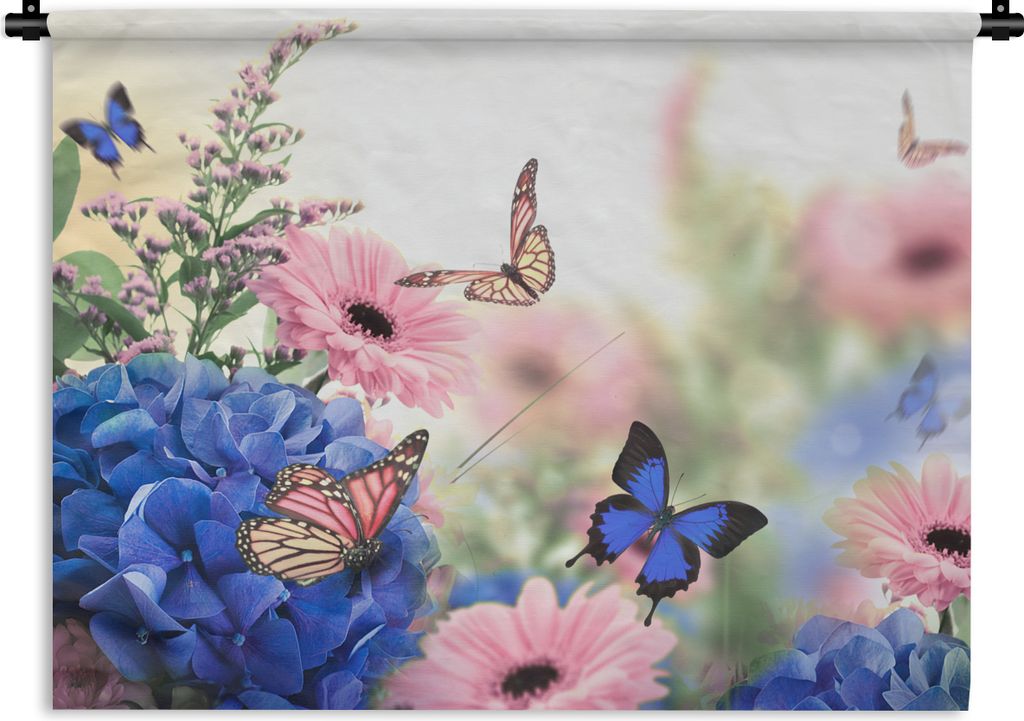 MuchoWow Wandteppich Wandbehang Schmetterlinge - Blumen - Hortensien - Insekten 60x45 cm Tapisserie Dekoration Wandtuch - Das Schlafzimmer
