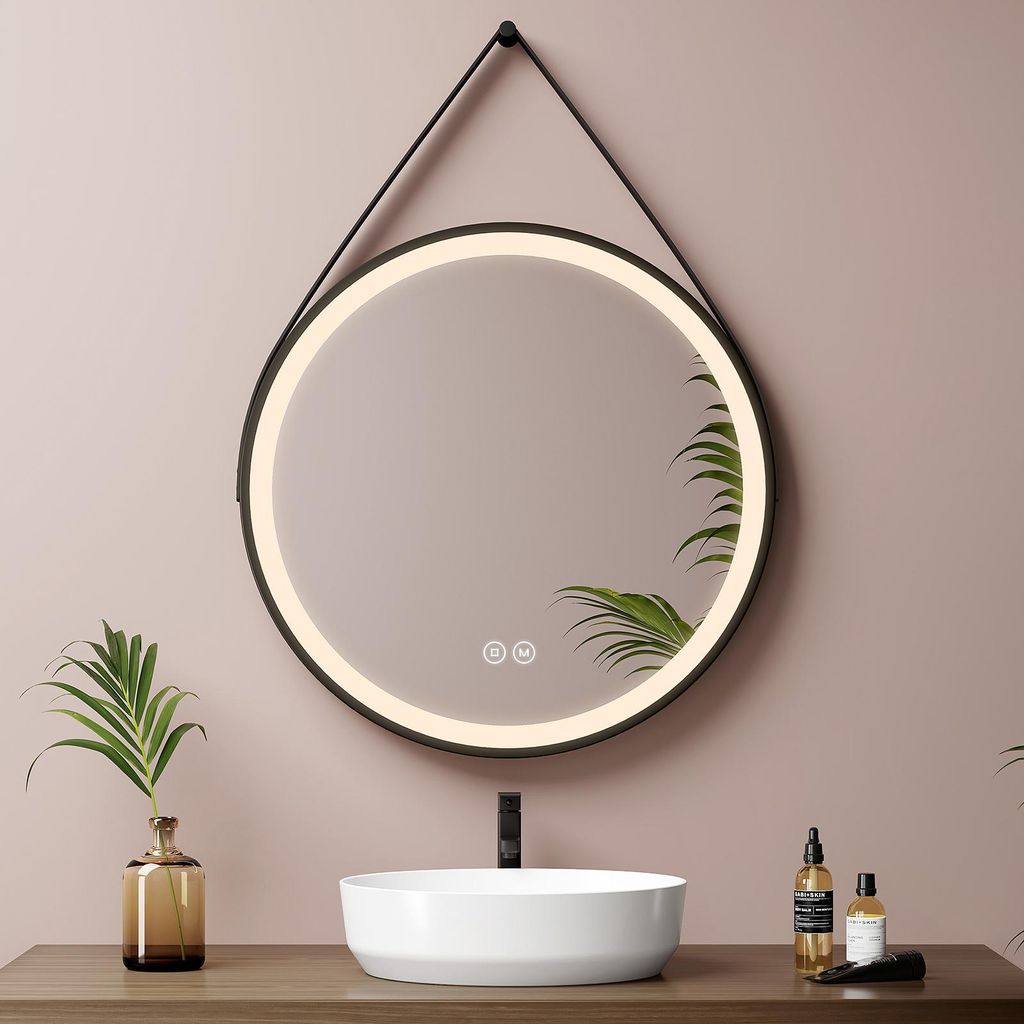 S'AFIELINA Luminaire à éclipse Miroir lumineux de salle de bain LED Rond Miroir Cadre Noir Miroir Mural Miroir Lumineux avec Interrupteur Tactile,3 Couleurs de lumière 3000/4000/6500K,∅70 cm