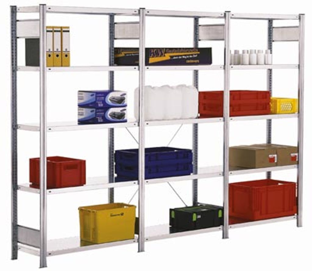 Fachbodenregal mit Tiefenriegel - 250 kg - 3.000 x 1.005 x 400 mm (HxBxT) - Anbauregal - verzinkt - 7 Böden, Steckregal BERT