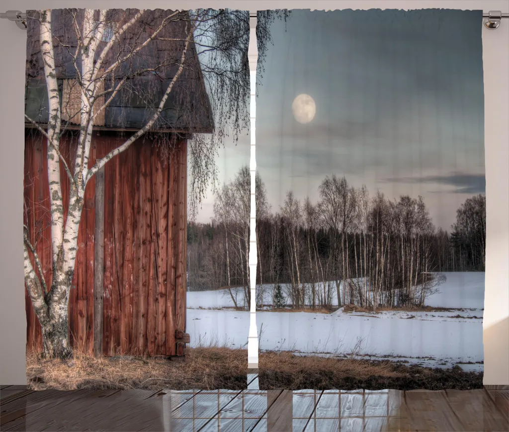Rideau occultant imprimé hiver maison rustique avec galon 280x225