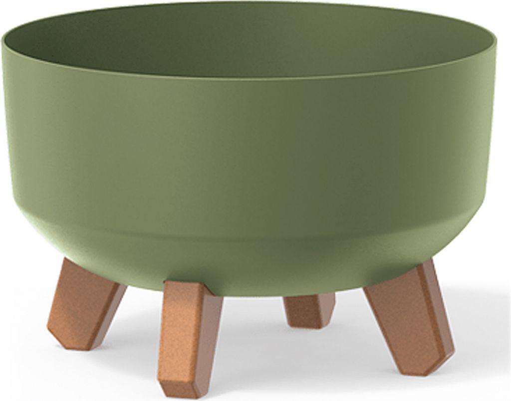 A green planter pot with brown legs on a white background.