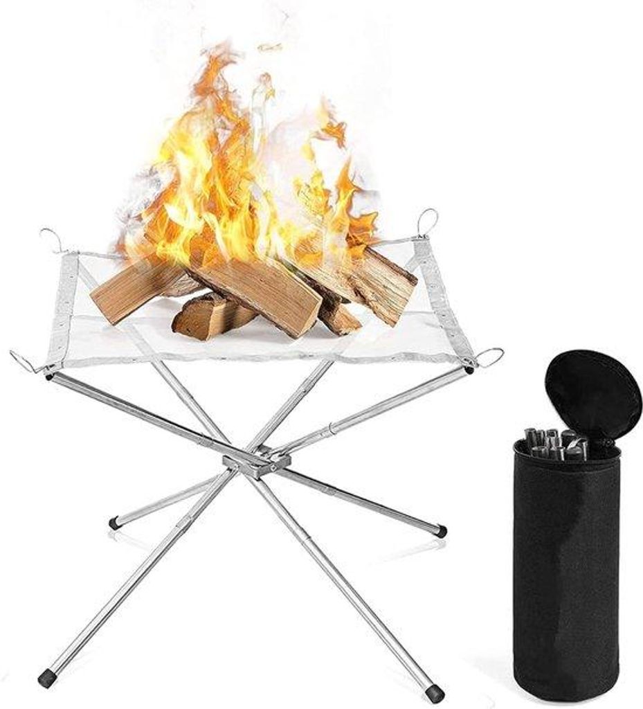 Kampfire-Grill mit Tragebeutel - Falbares Stahl-Mesh und Stand für Camping, Garten, Hinterhof (22 * 22 Zoll Silber)